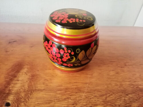 Scatola di vernice vintage coperchio scatola vernice russa fiori rosso nero oro coperchio 8 cm - Foto 1 di 4