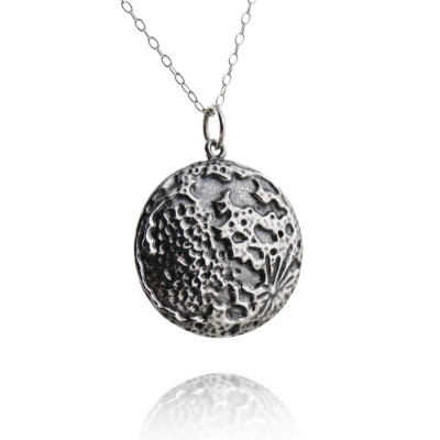 Textured Full Moon Necklace - 925 Sterling Silver with 18