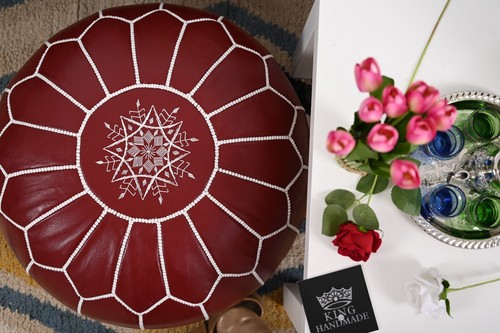Stuffed Leather Pouf - Moroccan Ottoman Footstool, Footrest Cover - Boho Deco - Picture 2 of 8