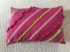 Pink with Pom Poms Accent  Colorful Embroidered Throw Pillow 13x9 - Rectangle