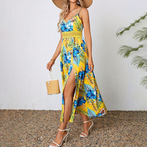 Womens Sexy Boho Floral Strappy Maxi Dress Summer Beach Holiday Split Sundress - Picture 15 of 20