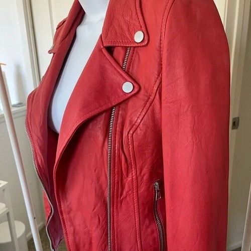 Zara Trafaluc Red Sheep Leather Moto jacket Size XS preowned - Picture 5 of 12