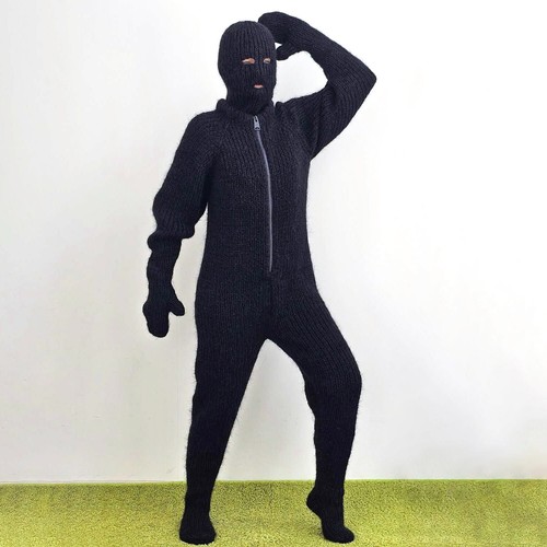 Black catsuit thick fuzzy mohair overall mittens socks separate balaclava, M-L - Picture 1 of 10