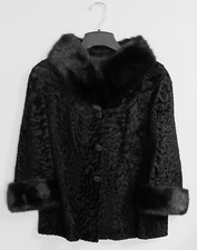 VTG PERSIAN LAMB Jacket MINK Collar Cuffs M/L Jackie O Style Black Coat Hat Muff