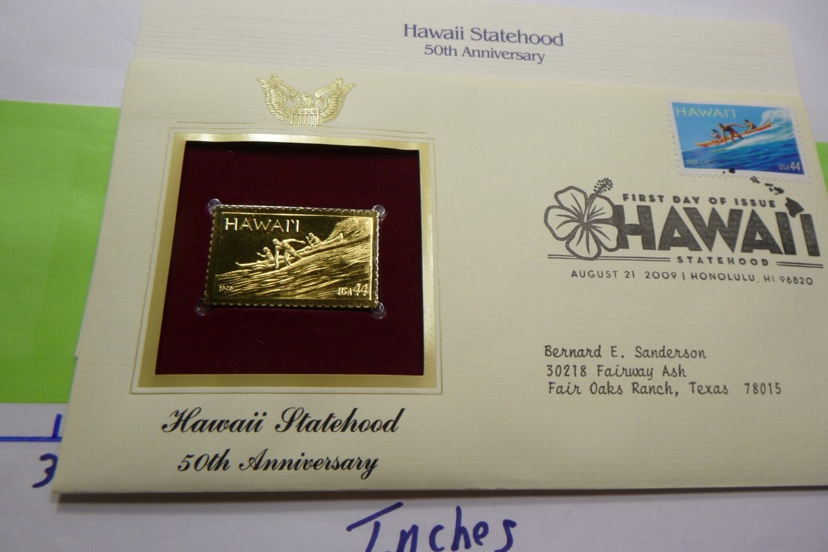 Hawaii’s 50th Anniversary Special Stamp 4x HAWAII STATEHOOD 50th Anniversary Surfer Aloha Mahalo 44c