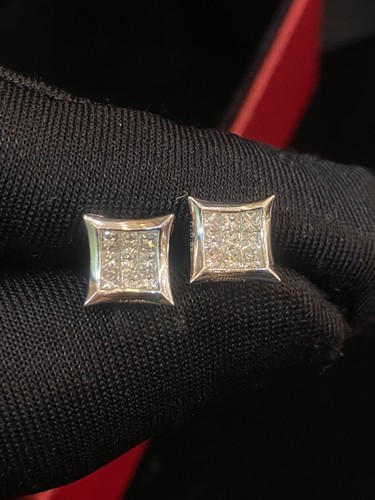 Pave 0.98 Cts Princess Cut Diamonds Unisex Hip Hop Stud Earrings In 585 14K Gold - Picture 7 of 12