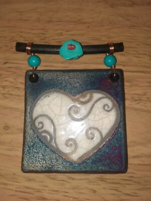 Raku Mini Hanging Dreamcatcher HEART Tile -Signed Jeremy Diller