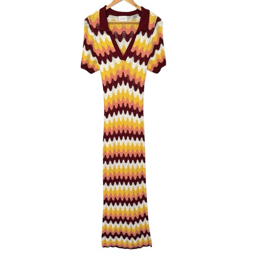 Steele Size S AU8 US2 Burgundy Yellow Kaia Knit Polo V-Neck Crochet Maxi Dress - Picture 3 of 17
