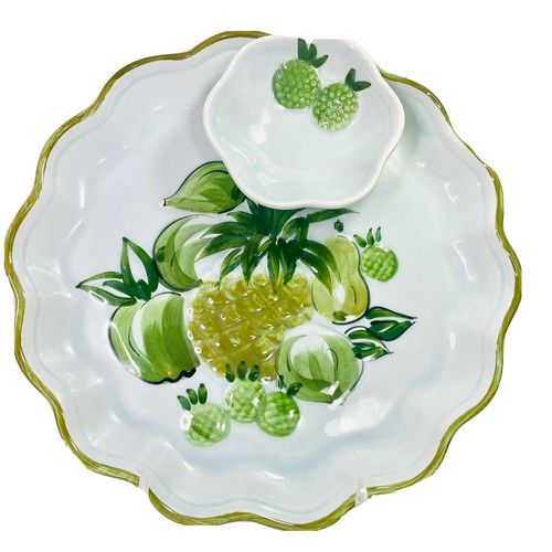 Los Angeles Potteries Serving Platter Attached Dip Bowl Green Fruit Vintage '67 - Picture 2 of 11