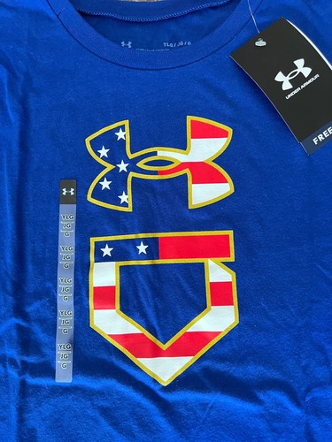 NWT Under Armour Boys YLG Blue BASEBALL USA FLAG Logo Shirt Large - Picture 2 of 2