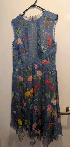 Tadashi Shoji Dress 'Sabine' Floral Lace Backless Blue Sz10 RRP $570USD Designer