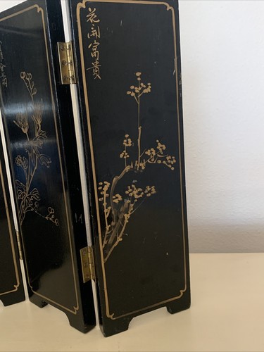 Antique Oriental Carved Flower Black Lacquered Table Top Screen 4 Panel 14” Tall - Picture 10 of 11