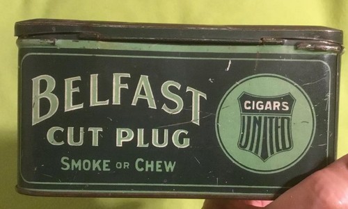 Antique ~ 1900's ~ Belfast ~ Cigars UnCut Plug Tobacco ~ Tin - Great Color Green - Picture 7 of 12