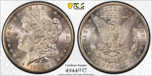 Dólar de plata Morgan 1884-CC $1 GRADUACIÓN PROFESIONAL MS64 **Carson City** escudo de oro