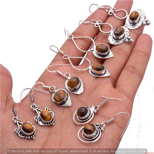 WOW Tiger's Eye Gemstone 925 Sterling Silver Plated Wholesale Women Lot Earrings - Picture 2 of 3