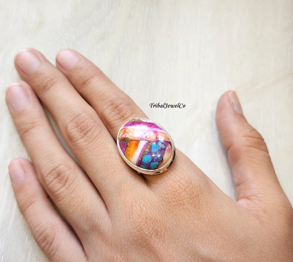 Кольцо с розовой устрицей, кольцо с бирюзой из устричной меди, серебро 925 пробы, драгоценный камень - Изображение 2 из 4