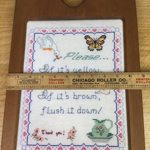 Vtg Completed Cross Stitch If It's Yellow Let It Mellow Bathroom Sign Towel Hook - Picture 8 of 8