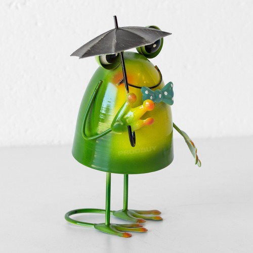 Green Frog Ornament with Umbrella 20cm Small Metal Fun Garden Lawn Figure Decor - Picture 3 of 6