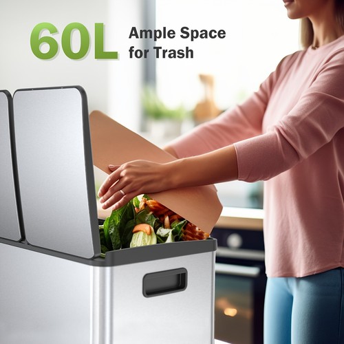 Kitchen Trash Can 60L Double Barrel Stainless Garbage Container w/ Lid - Picture 4 of 8