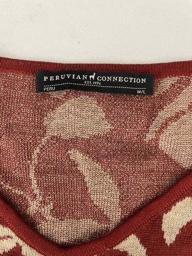 Peruvian Connection M/L Red Ivory Pima Cotton Sweater Top Floral Leaf Print Boho - Picture 7 of 9