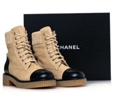 Chanel Women's Leather Cc Cap Toe Combat Boots Quilted Suede With Velvet Tongue