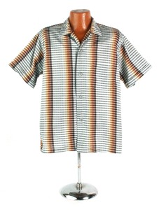 VINTAGE-50s-Pilgrim-Brown-Gray-Ombre-Striped-Plaid-Rockabilly-Shirt-Dan-River-L