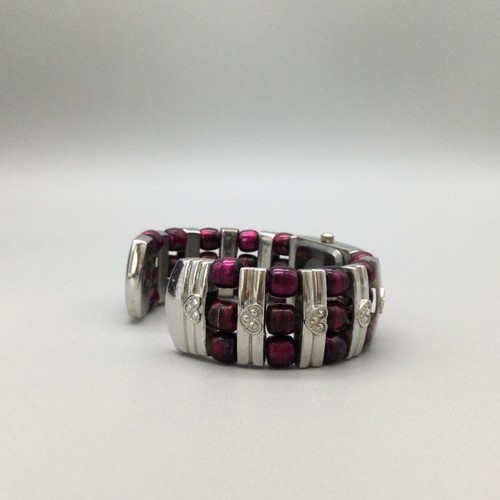 Versales Watch Women 20mm Silver Tone MOP Red Open Hinged Cuff New Battery - Picture 8 of 13