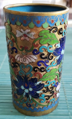 ANTIQUE CHINESE GILDED BRONZE OPEN CLOISONNE BRUSH POT - Picture 4 of 12