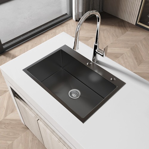 COZY Stainless Steel Kitchen Sink, 27" Single Bowl in Matte Black - Picture 6 of 7