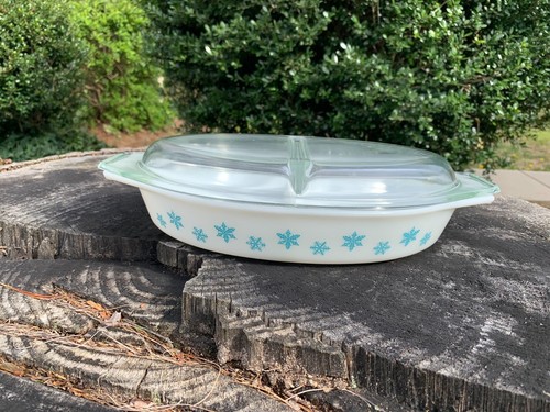Vintage Pyrex weiß & Aqua Schneeflocke geteilt Kasserolle Schüssel 1,5 Quart mit Deckel SCHÖN - Bild 18 von 18