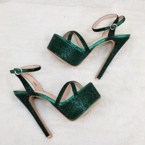 Bejeweled Pandora Verde Esmeralda Brillante Estrás Plataforma 6.5" Tacones Zapatos - Imagen 7 de 12