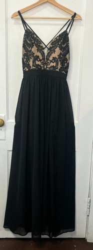Neu mit Etikett Privy Damen tiefes V Maxikleid in Schwarz, Größe M, transparentes Unterteil, Spitzentop, HOCO - Bild 3 von 14