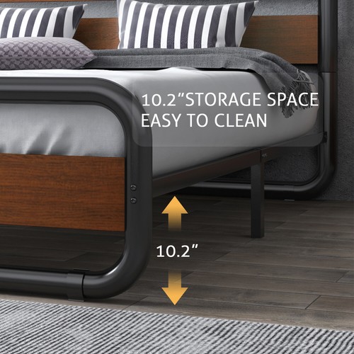 Queen Size Metal Bed Frame with Wooden Headboard & Footboard, Duty Frame, Walnut - Picture 10 of 11