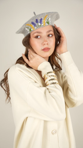 Grey Floral Embroidered Wool French Beret - Video 1 of 1