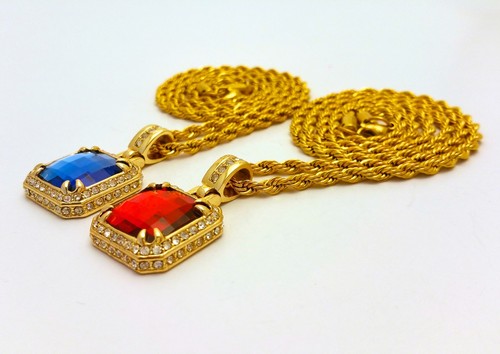 MENS RICH HOMIE QUAN GANG RED & BLUE PENDANT STAINLESS STEEL CHAIN NECKLACE - Picture 3 of 12