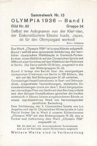 ETSUKO INADA FIGURE SKATING OLYMPIC GAMES GARMISCH-PARTENKIRCHEN 1936 IMAGE CARD - Picture 2 of 2