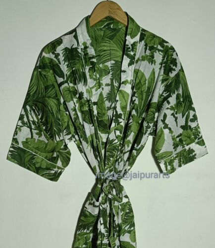 Green Leaf Floral Print Cotton Bath Robe Women's Long Gown Maxi Nightwear Kimono - Picture 4 of 5