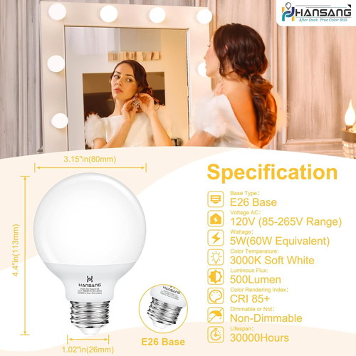 12 Pack Vanity Light Bulbs for Bathroom, 3000K Soft White E26 Base round LED Glo - Picture 2 of 8