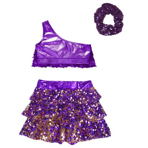 Kids Girls Outfit One Shoulder Set Skirt Suit Hair Tie Costume Ballet Dancewear - Picture 45 of 52