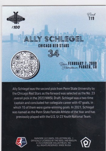 2023 NWSL Parkside Ally Schlegel RAINBOW Shimmer FOIL #119 RC SSP /100 Chicago - Picture 2 of 2