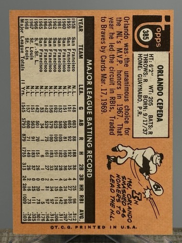 1969 Topps #385 Orlando Cepeda Atlanta Braves HOF - Picture 2 of 3