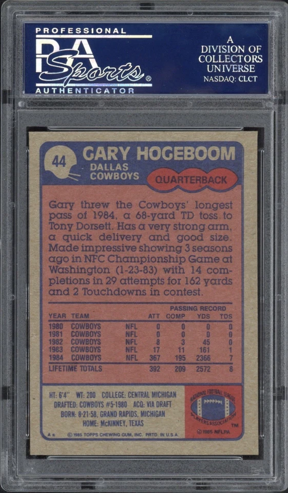 1985 Topps Gary Hogeboom Rookie RC #44 PSA 8 NM-MT Dallas Cowboys - Image 2 of 2