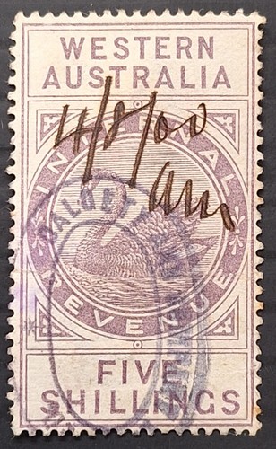 1896 Western Australia 5/- Lilac Swan Internal revenue stamp WMK Crn/Ca Upright
