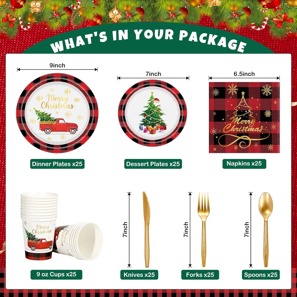 Conjunto de 175 peças de guardanapos para pratos de festa de Natal louça descartável para 25 convidados - Imagem 2 de 4