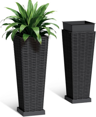 Set of 2 24 Inch Tall Plastic Planters with Drainage Saucers, Rattan Pattern UV