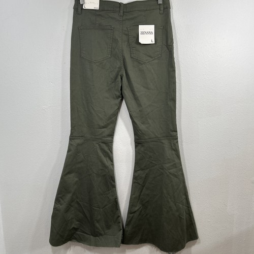Zenana Jeans Womens Large Green Raw Hem High Waist Flare Leg Coachella Boho Y2K - Picture 2 of 6