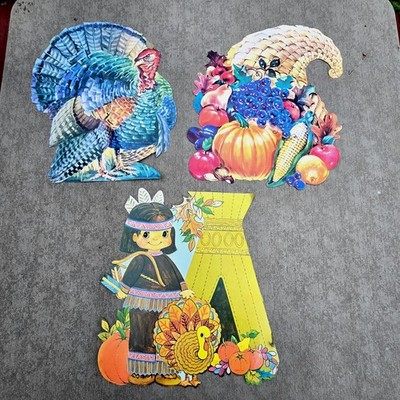 Vintage Thanksgiving Die Cut Decorations Indian Girl Turkey Cornucopia 3PC LOT