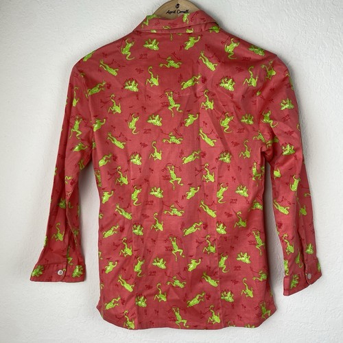 Camicia Tizzie M con bottoni rosa verde rana stampata manica 3/4 cotone indossabile arte - Foto 6 di 7