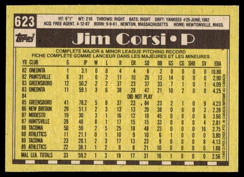 1990 O-Pee-Chee Jim Corsi Oakland Athletics #623 - Picture 2 of 2