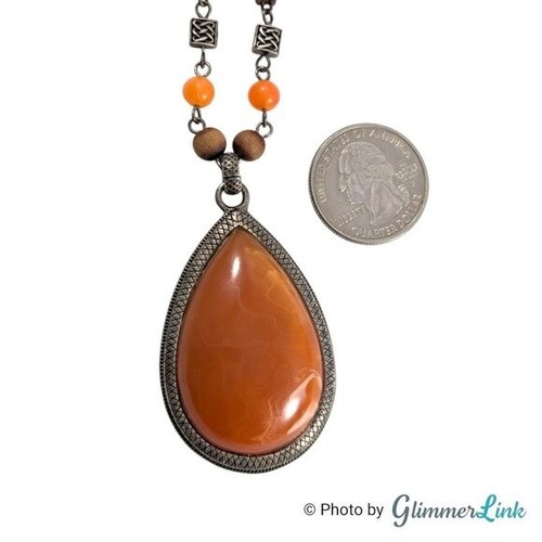 Bohemian Orange Resin & Wood Silver Tone Tribal Style Teardrop Pendant Necklace - Picture 8 of 10